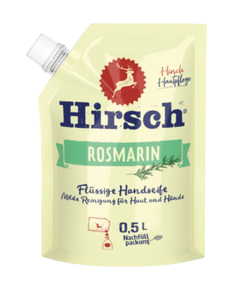 Hirsch Rosmarin, Fluessige Handseife, Nachfuellbeutel ohne Pumpe, 500ml